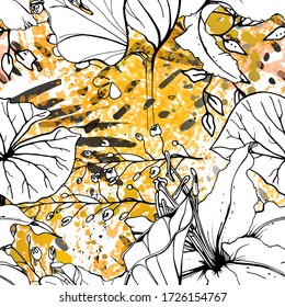 Floral Black and White Seamless Pattern. Modern Artistic Watercolor Print. Fashion Outline Flowers Surface. Botanic Vector Motif on Ink Stains Texture. Drawing Abstract Leaf. Trend Tropic Background.