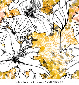 Floral Black and White Seamless Pattern. Modern Artistic Watercolor Print. Fashion Outline Flowers Surface. Botanic Vector Motif on Ink Stains Texture. Drawing Abstract Leaf. Trend Tropic Background.