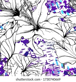 Patrón floral negro y blanco sin soldadura. Impresión artística moderna de acuarela. Superficie De Flores De Contorno De Moda. Motif vectorial botánico sobre textura de mancha de tinta. Dibujar Hoja Resumen. Fondo trópico de tendencia.