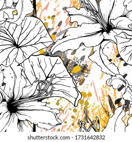 Floral Black and White Seamless Pattern. Modern Artistic Watercolor Print. Fashion Outline Flowers Surface. Botanic Vector Motif on Ink Stains Texture. Drawing Abstract Leaf. Trend Tropic Background.