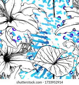 Patrón floral negro y blanco sin soldadura. Impresión artística moderna de acuarela. Superficie De Flores De Contorno De Moda. Motif vectorial botánico sobre la tinta mancha la textura. Dibujar Hoja Resumen. Fondo trópico de tendencia.