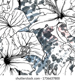 Floral Black and White Seamless Pattern. Modern Artistic Watercolor Print. Fashion Outline Flowers Surface. Botanic Vector Motif on Ink Stains Texture. Drawing Abstract Leaf. Trend Tropic Background.