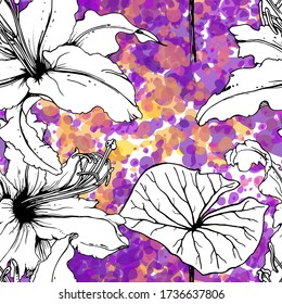 Floral Black and White Seamless Pattern. Modern Artistic Watercolor Print. Fashion Outline Flowers Surface. Botanic Vector Motif on Ink Stains Texture. Drawing Abstract Leaf. Trend Tropic Background.