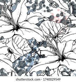 Schwarz-Weiß-Muster ohne Naht. Modern Artistic Watercolor Print. Modemarkierung Blumen Oberfläche. Botanisches Vector Motiv auf Tintenflächen Textur. Zeichnen Abstraktes Leaf. Trend Tropic Hintergrund.