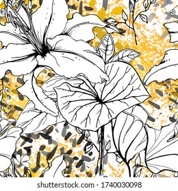 Floral Black and White Seamless Pattern. Modern Artistic Watercolor Print. Fashion Outline Flowers Surface. Botanic Vector Motif on Ink Stains Texture. Drawing Abstract Leaf. Trend Tropic Background.
