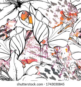 Floral Black and White Seamless Pattern. Modern Artistic Watercolor Print. Fashion Outline Flowers Surface. Botanic Vector Motif on Ink Stains Texture. Drawing Abstract Leaf. Trend Tropic Background.