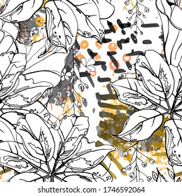 Patrón floral negro y blanco sin soldadura. Impresión artística moderna de acuarela. Superficie De Flores De Contorno De Moda. Motif vectorial botánico sobre la tinta mancha la textura. Dibujar Hoja Resumen. Fondo trópico de tendencia.
