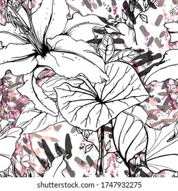 Floral Black and White Seamless Pattern. Modern Artistic Watercolor Print. Fashion Outline Flowers Surface. Botanic Vector Motif on Ink Stains Texture. Drawing Abstract Leaf. Trend Tropic Background.