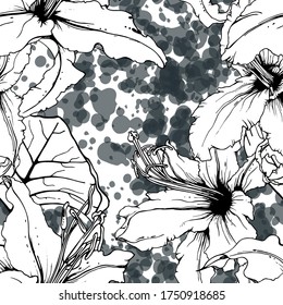 Floral Black and White Seamless Pattern. Modern Artistic Watercolor Print. Fashion Outline Flowers Surface. Botanic Vector Motif on Ink Stains Texture. Drawing Abstract Leaf. Trend Tropic Background.