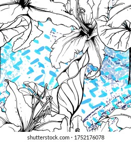 Floral Black and White Seamless Pattern. Modern Artistic Watercolor Print. Fashion Outline Flowers Surface. Botanic Vector Motif on Ink Stains Texture. Drawing Abstract Leaf. Trend Tropic Background.