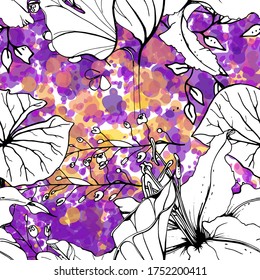 Patrón floral negro y blanco sin soldadura. Impresión artística moderna de acuarela. Superficie De Flores De Contorno De Moda. Motif vectorial botánico sobre la tinta mancha la textura. Dibujar Hoja Resumen. Fondo trópico de tendencia.