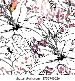 Floral Black and White Seamless Pattern. Modern Artistic Watercolor Print. Fashion Outline Flowers Surface. Botanic Vector Motif on Ink Stains Texture. Drawing Abstract Leaf. Trend Tropic Background.