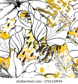 Floral Black and White Seamless Pattern. Modern Artistic Watercolor Print. Fashion Outline Flowers Surface. Botanic Vector Motif on Ink Stains Texture. Drawing Abstract Leaf. Trend Tropic Background.