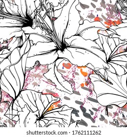 Floral Black and White Seamless Pattern. Modern Artistic Watercolor Print. Fashion Outline Flowers Surface. Botanic Vector Motif on Ink Stains Texture. Drawing Abstract Leaf. Trend Tropic Background.