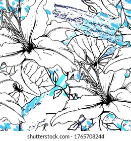 Floral Black and White Seamless Pattern. Modern Artistic Watercolor Print. Fashion Outline Flowers Surface. Botanic Vector Motif on Ink Stains Texture. Drawing Abstract Leaf. Trend Tropic Background.