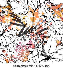 Patrón floral negro y blanco sin soldadura. Impresión artística moderna de acuarela. Superficie De Flores De Contorno De Moda. Motif vectorial botánico sobre la tinta mancha la textura. Dibujar Hoja Resumen. Fondo trópico de tendencia.
