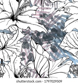 Patrón floral negro y blanco sin soldadura. Impresión artística moderna de acuarela. Superficie De Flores De Contorno De Moda. Motif vectorial botánico sobre la tinta mancha la textura. Dibujar Hoja Resumen. Fondo trópico de tendencia.