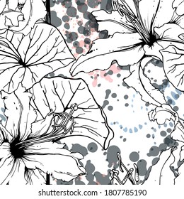 Floral Black and White Seamless Pattern. Modern Artistic Watercolor Print. Fashion Outline Flowers Surface. Botanic Vector Motif on Ink Stains Texture. Drawing Abstract Leaf. Trend Tropic Background.