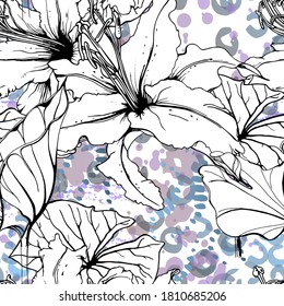 Floral Black and White Seamless Pattern. Modern Artistic Watercolor Print. Fashion Outline Flowers Surface. Botanic Vector Motif on Ink Stains Texture. Drawing Abstract Leaf. Trend Tropic Background.