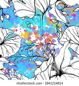 Floral Black and White Seamless Pattern. Modern Artistic Watercolor Print. Fashion Outline Flowers Surface. Botanic Vector Motif on Ink Stains Texture. Drawing Abstract Leaf. Trend Tropic Background.