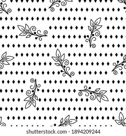 Floral black and white seamless pattern with small rhombuses background. Vector monochrome background.  Texture for textile, fabric, wallpaper, wrapping paper.