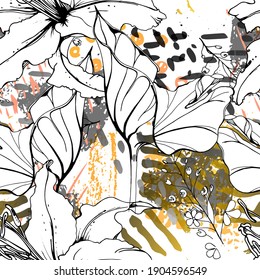 Floral Black and White Seamless Pattern. Modern Artistic Watercolor Print. Fashion Outline Flowers Surface. Botanic Vector Motif on Ink Stains Texture. Drawing Abstract Leaf. Trend Tropic Background.