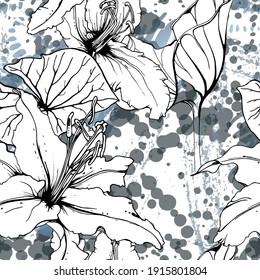 Floral Black and White Seamless Pattern. Modern Artistic Watercolor Print. Fashion Outline Flowers Surface. Botanic Vector Motif on Ink Stains Texture. Drawing Abstract Leaf. Trend Tropic Background.