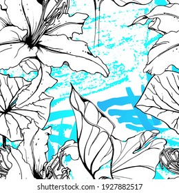 Floral Black and White Seamless Pattern. Modern Artistic Watercolor Print. Fashion Outline Flowers Surface. Botanic Vector Motif on Ink Stains Texture. Drawing Abstract Leaf. Trend Tropic Background.