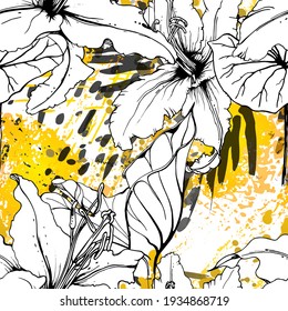 Floral Black and White Seamless Pattern. Modern Artistic Watercolor Print. Fashion Outline Flowers Surface. Botanic Vector Motif on Ink Stains Texture. Drawing Abstract Leaf. Trend Tropic Background.