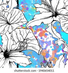 Floral Black and White Seamless Pattern. Modern Artistic Watercolor Print. Fashion Outline Flowers Surface. Botanic Vector Motif on Ink Stains Texture. Drawing Abstract Leaf. Trend Tropic Background.
