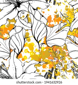 Floral Black and White Seamless Pattern. Modern Artistic Watercolor Print. Fashion Outline Flowers Surface. Botanic Vector Motif on Ink Stains Texture. Drawing Abstract Leaf. Trend Tropic Background.