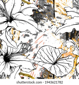 Schwarz-Weiß-Muster mit floralem Muster. Moderne künstlerische Aquarell Print. Fashion Outline Blumen Oberfläche. Botanische Vektorgrafik-Motive auf Tinte Stains Textur. Abstraktes Leaf zeichnen. Trend-tropischer Hintergrund.