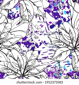 Patrón floral negro y blanco sin soldadura. Impresión artística moderna de acuarela. Superficie De Flores De Contorno De Moda. Motif vectorial botánico sobre la tinta mancha la textura. Dibujar Hoja Resumen. Fondo trópico de tendencia.