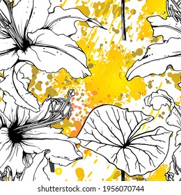 Floral Black and White Seamless Pattern. Modern Artistic Watercolor Print. Fashion Outline Flowers Surface. Botanic Vector Motif on Ink Stains Texture. Drawing Abstract Leaf. Trend Tropic Background.