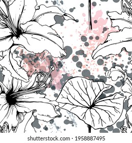Floral Black and White Seamless Pattern. Modern Artistic Watercolor Print. Fashion Outline Flowers Surface. Botanic Vector Motif on Ink Stains Texture. Drawing Abstract Leaf. Trend Tropic Background.