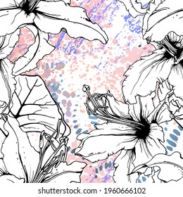 Floral Black and White Seamless Pattern. Modern Artistic Watercolor Print. Fashion Outline Flowers Surface. Botanic Vector Motif on Ink Stains Texture. Drawing Abstract Leaf. Trend Tropic Background.