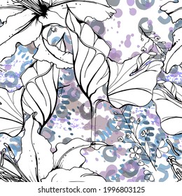 Patrón floral negro y blanco sin soldadura. Impresión artística moderna de acuarela. Superficie De Flores De Contorno De Moda. Motif vectorial botánico sobre la tinta mancha la textura. Dibujar Hoja Resumen. Fondo trópico de tendencia.