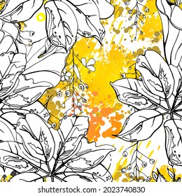Floral Black and White Seamless Pattern. Modern Artistic Watercolor Print. Fashion Outline Flowers Surface. Botanic Vector Motif on Ink Stains Texture. Drawing Abstract Leaf. Trend Tropic Background.