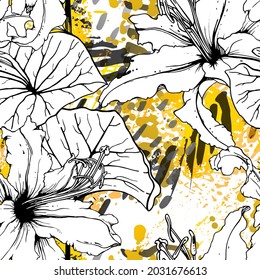 Floral Black and White Seamless Pattern. Modern Artistic Watercolor Print. Fashion Outline Flowers Surface. Botanic Vector Motif on Ink Stains Texture. Drawing Abstract Leaf. Trend Tropic Background.