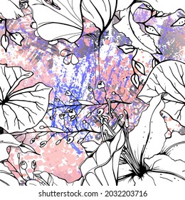 Floral Black and White Seamless Pattern. Modern Artistic Watercolor Print. Fashion Outline Flowers Surface. Botanic Vector Motif on Ink Stains Texture. Drawing Abstract Leaf. Trend Tropic Background.