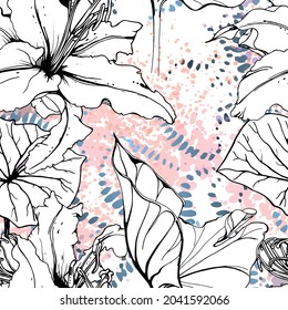 Floral Black and White Seamless Pattern. Modern Artistic Watercolor Print. Fashion Outline Flowers Surface. Botanic Vector Motif on Ink Stains Texture. Drawing Abstract Leaf. Trend Tropic Background.