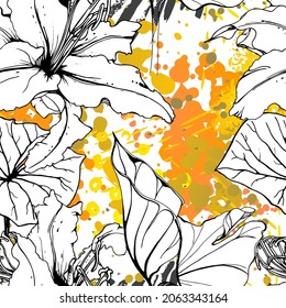 Floral Black and White Seamless Pattern. Modern Artistic Watercolor Print. Fashion Outline Flowers Surface. Botanic Vector Motif on Ink Stains Texture. Drawing Abstract Leaf. Trend Tropic Background.