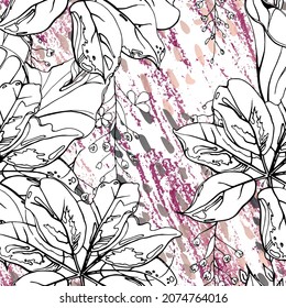 Floral Black and White Seamless Pattern. Modern Artistic Watercolor Print. Fashion Outline Flowers Surface. Botanic Vector Motif on Ink Stains Texture. Drawing Abstract Leaf. Trend Tropic Background.
