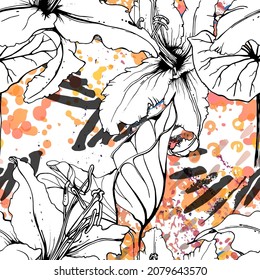 Floral Black and White Seamless Pattern. Modern Artistic Watercolor Print. Fashion Outline Flowers Surface. Botanic Vector Motif on Ink Stains Texture. Drawing Abstract Leaf. Trend Tropic Background.