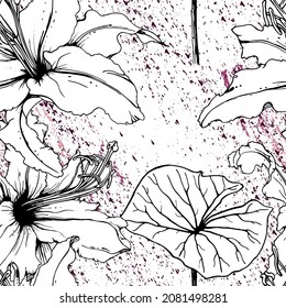 Floral Black and White Seamless Pattern. Modern Artistic Watercolor Print. Fashion Outline Flowers Surface. Botanic Vector Motif on Ink Stains Texture. Drawing Abstract Leaf. Trend Tropic Background.