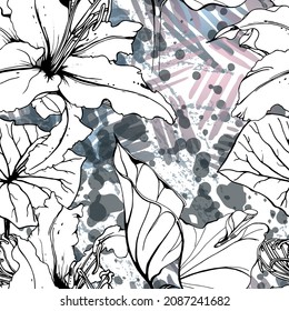 Floral Black and White Seamless Pattern. Modern Artistic Watercolor Print. Fashion Outline Flowers Surface. Botanic Vector Motif on Ink Stains Texture. Drawing Abstract Leaf. Trend Tropic Background.