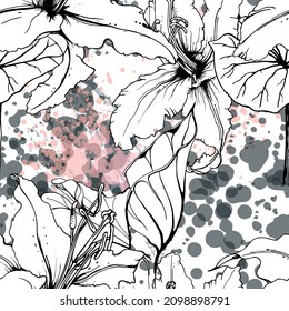 Patrón floral negro y blanco sin soldadura. Impresión artística moderna de acuarela. Superficie De Flores De Contorno De Moda. Motif vectorial botánico sobre la tinta mancha la textura. Dibujar Hoja Resumen. Fondo trópico de tendencia.