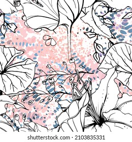 Floral Black and White Seamless Pattern. Modern Artistic Watercolor Print. Fashion Outline Flowers Surface. Botanic Vector Motif on Ink Stains Texture. Drawing Abstract Leaf. Trend Tropic Background.