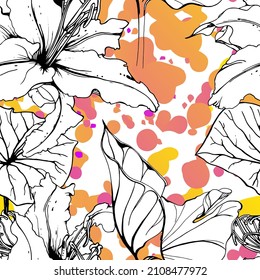 Floral Black and White Seamless Pattern. Modern Artistic Watercolor Print. Fashion Outline Flowers Surface. Botanic Vector Motif on Ink Stains Texture. Drawing Abstract Leaf. Trend Tropic Background.