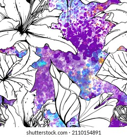 Patrón floral negro y blanco sin soldadura. Impresión artística moderna de acuarela. Superficie De Flores De Contorno De Moda. Motif vectorial botánico sobre la tinta mancha la textura. Dibujar Hoja Resumen. Fondo trópico de tendencia.